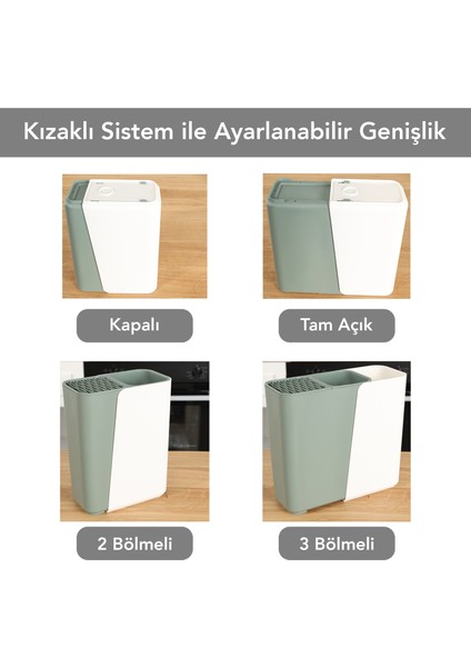 Ayarlanabilir Kaşık Bıçak Standı - Uzayabilen Bölmeli Organizer Bıçaklık Tezgah Üstü Kaşıklık Yeşil