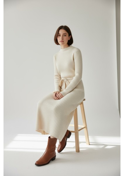 Kadın Fitilli Triko Kuşaklı Midi Elbise Yüksek Yaka, Uzun Kollu