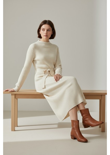 Kadın Fitilli Triko Kuşaklı Midi Elbise Yüksek Yaka, Uzun Kollu fiyatları