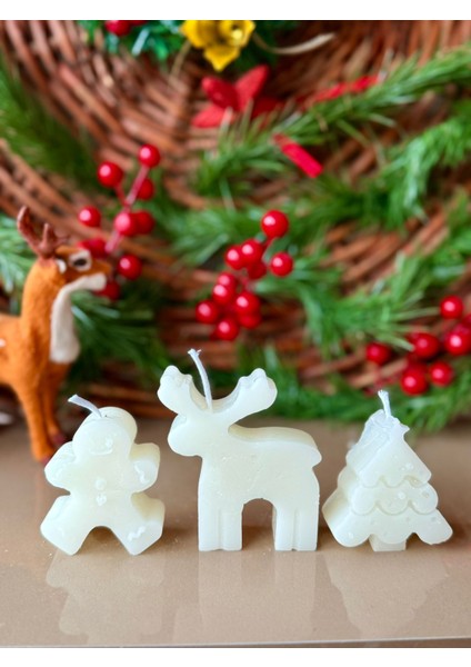 Yılbaşı Dekoritifli 3'lü Mum (Geyik, Çam Ağacı, Kurabiye Adam)