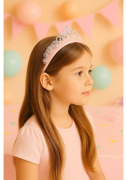 Taşlı ve Taraklı Açık Somon Renkli Kız Çocuk Prenses Taç- Kutulu