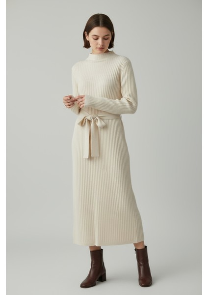 Kadın Fitilli Triko Kuşaklı Midi Elbise Yüksek Yaka, Uzun Kollu modelleri