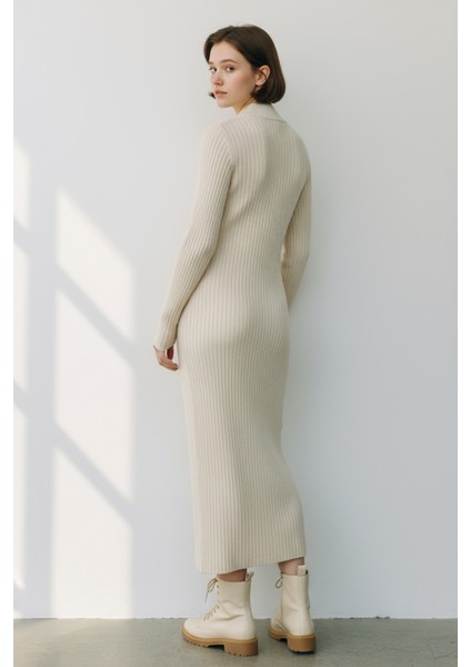 Kadın Fitilli Triko Kuşaklı Midi Elbise Yüksek Yaka, Uzun Kollu fırsatları