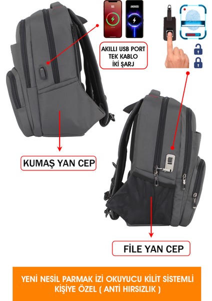 Yeni Nesil Parmak Izi Okuyucu Kilit Sistemli Gri Erkek Sırt Çantası 13,3-14 Inç modelleri