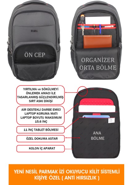 Yeni Nesil Parmak Izi Okuyucu Kilit Sistemli Gri Erkek Sırt Çantası 13,3-14 Inç fırsatları