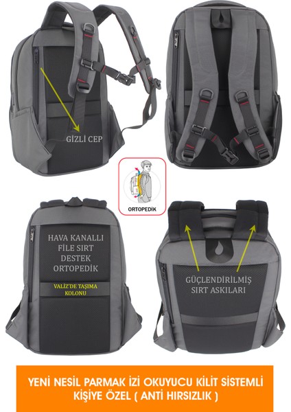 Yeni Nesil Parmak Izi Okuyucu Kilit Sistemli Gri Erkek Sırt Çantası 13,3-14 Inç indirimleri