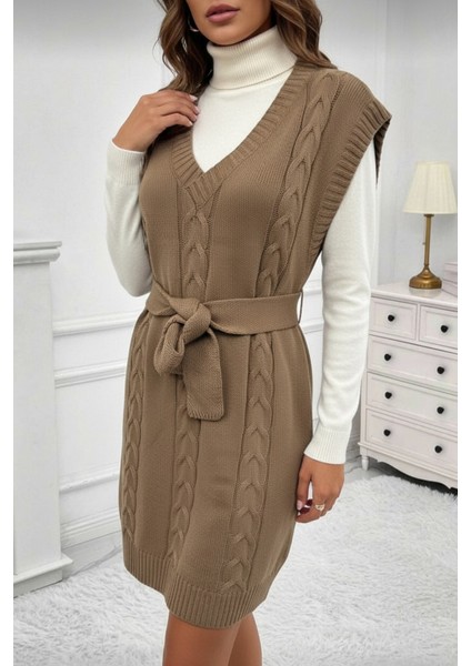 V Yaka Kolsuz Örgü Desenli Kemerli Mini Triko Elbise Regular modelleri