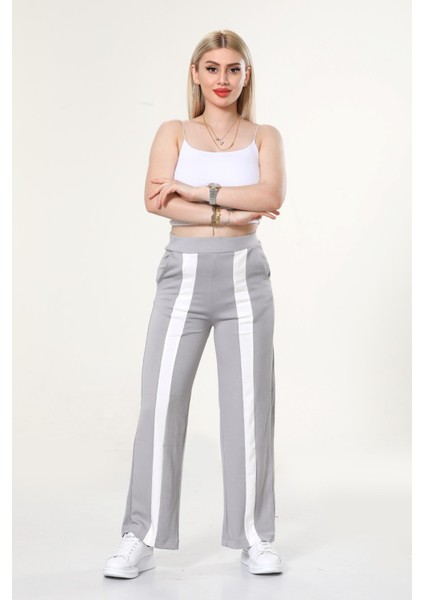 Kadın Geniş Paça Şeritli Yüksek Bel Bol Eşofman Altı - Gri