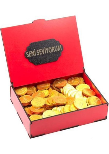 Kırmızı Ahşap Hediye Kutusunda Sevgiyle Tasarlanmış Para ve Çikolata Seti