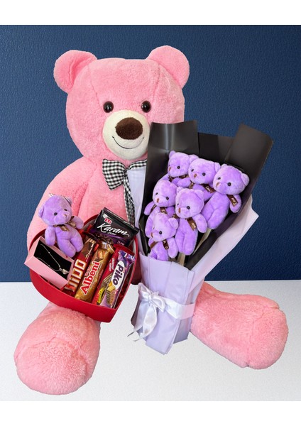 Sevgiliye Özel 90CM Pembe Ayıcık ve Çikolatalı Kolyeli Buket