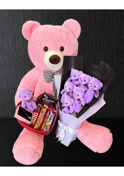 Sevgiliye Özel 90CM Pembe Ayıcık ve Çikolatalı Kolyeli Buket fiyatları