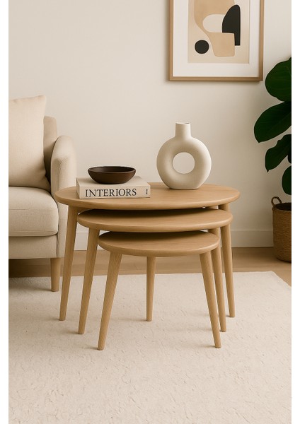 A+ Plus Gürgen Ağacı Masif Doğal Ahşap Zigon Sehpa 3'lü Set, Modern Masif Yan Sehpa