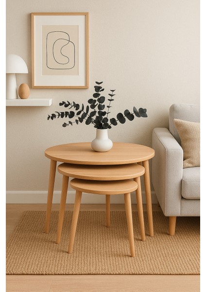 A+ Plus Gürgen Ağacı Masif Doğal Ahşap Zigon Sehpa 3'lü Set, Modern Masif Yan Sehpa modelleri