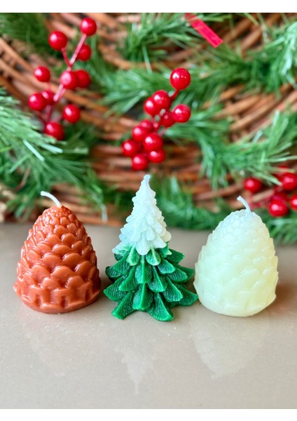 Kozalak ve Çam Ağaçlı Yılbaşı Temalı 3'lü Mum Seti fiyatları