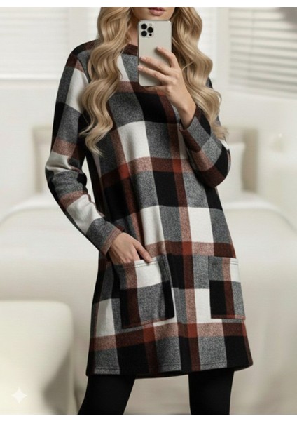 Kadın Uzun Kollu Yarı Balıkçı Yakalı Cep Detaylı Ekoseli Dokuma Tunik modelleri