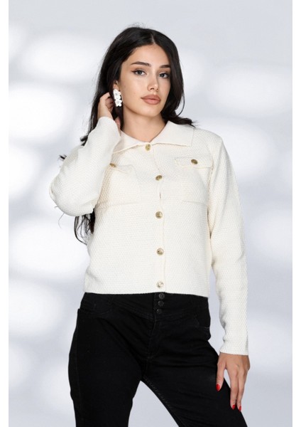 Cepli Düğmeli Örgü Detaylı Rahat ve Moderen Şık Triko Gömlek - Beyaz fiyatları