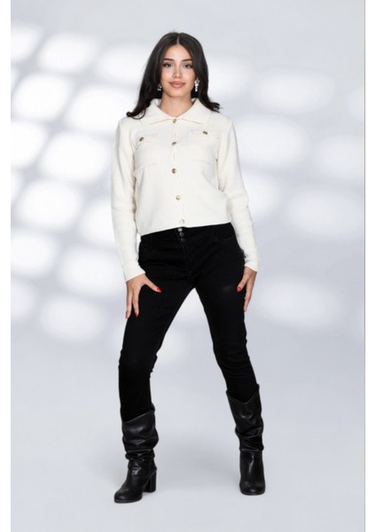Cepli Düğmeli Örgü Detaylı Rahat ve Moderen Şık Triko Gömlek - Beyaz modelleri