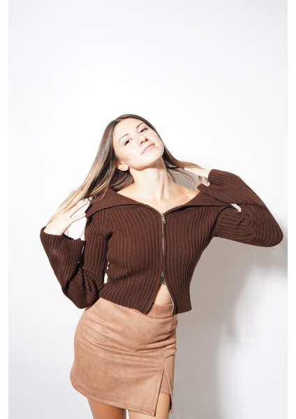 Çift Fermuarlı Madonna Hırka Kahve