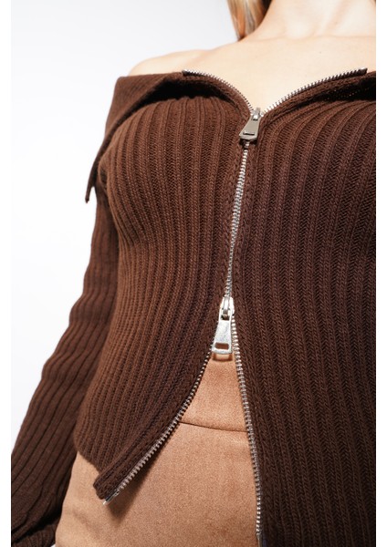 Çift Fermuarlı Madonna Hırka Kahve modelleri