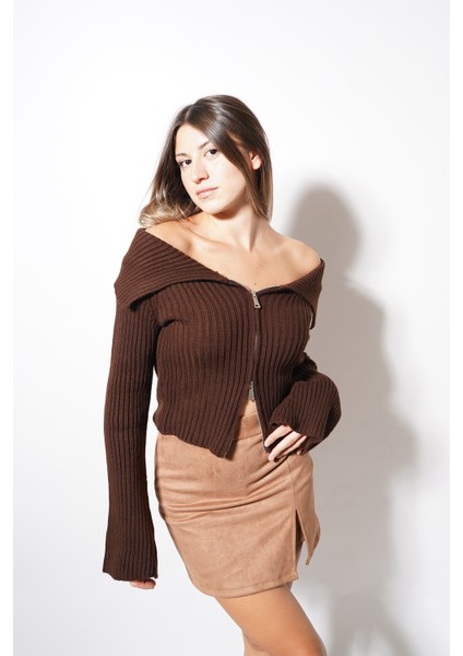 Çift Fermuarlı Madonna Hırka Kahve