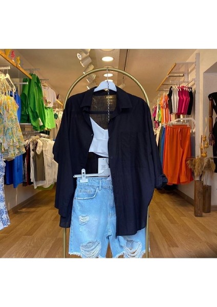 Cotas Kadın Oversize Siyah Keten Gömlek Tek Çepli Yeni Sezon Yazlık Gömlek Cep Detaylı