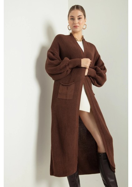 Kadın Uzun Oversize Triko Hırka – Cepli, Kalın Dokulu, Şık ve Rahat Model - Kahverengi