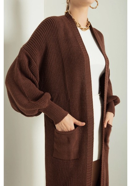 Kadın Uzun Oversize Triko Hırka – Cepli, Kalın Dokulu, Şık ve Rahat Model - Kahverengi fırsatları