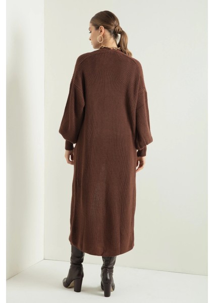 Kadın Uzun Oversize Triko Hırka – Cepli, Kalın Dokulu, Şık ve Rahat Model - Kahverengi indirimleri