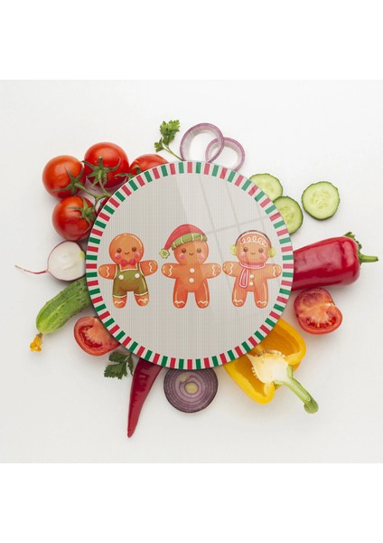 Cam Kesme Tahtası ve Sunumluk Yuvarlak Gingerbread Yeniyıl Kurabiye Desenli 30 x 30 cm modelleri