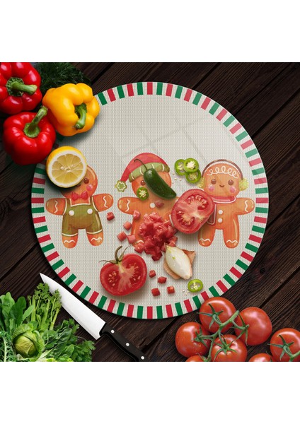 Cam Kesme Tahtası ve Sunumluk Yuvarlak Gingerbread Yeniyıl Kurabiye Desenli 30 x 30 cm fırsatları