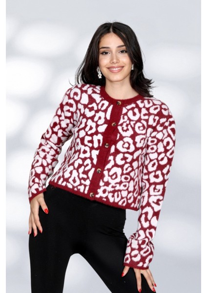 Tüylü Leopar Detay Inicili Düme Moderen ve Rahat Kalıp Triko Hırka - Bordo modelleri