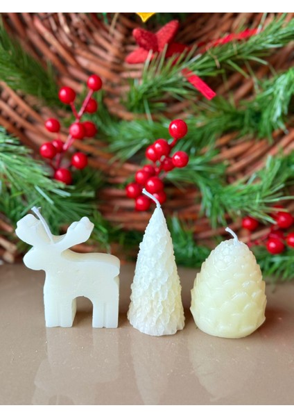 Kozalak, Çam Ağaç ve Geyik Modelli Yılbaşı Temalı 3'lü Mum