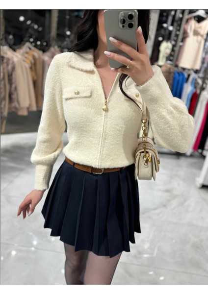 Rita Gold Detay Polo Yaka Yumuşak Dokulu Angora Hırka Taş modelleri