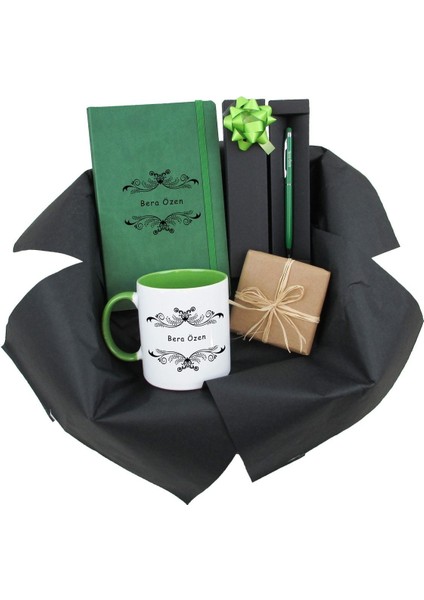 Yeşil Ajanda, Kupa, Kalem ve Çikolata Kişiye Özel Hediye Kutusu