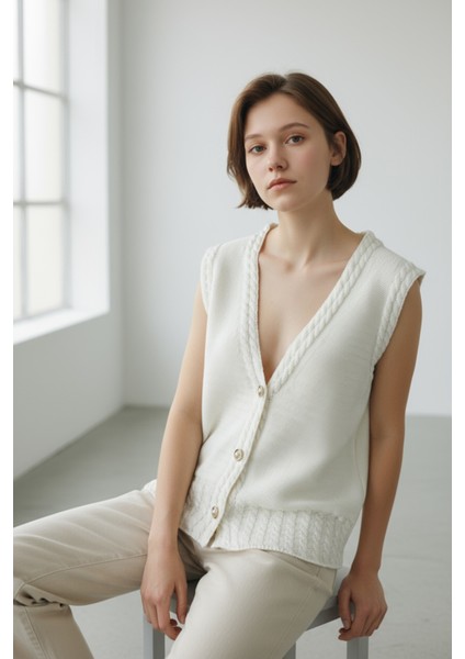 Şık Beyaz Triko Yelek, V Yaka, Örgü Detaylı ve Düğmeli Model - Beyaz fiyatları