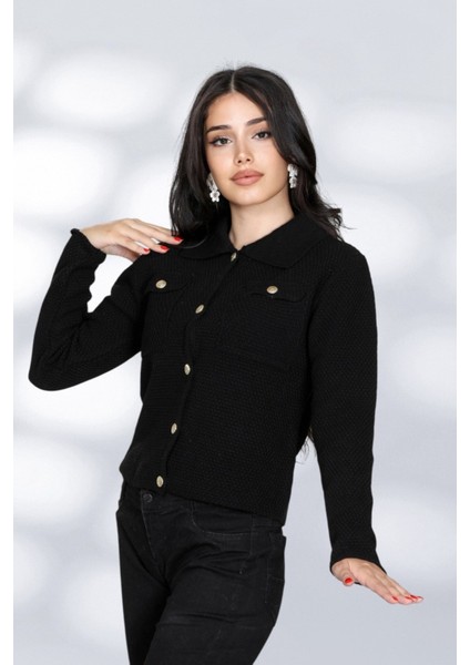 Cepli Düğmeli Örgü Detaylı Rahat ve Moderen Şık Triko Gömlek - Siyah