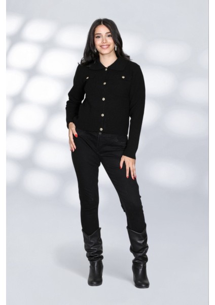 Cepli Düğmeli Örgü Detaylı Rahat ve Moderen Şık Triko Gömlek - Siyah fiyatları
