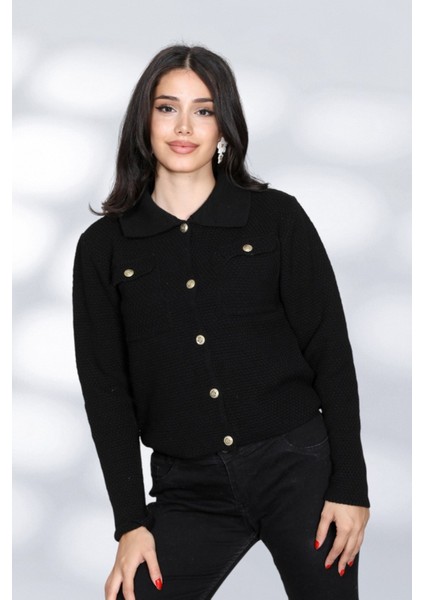 Cepli Düğmeli Örgü Detaylı Rahat ve Moderen Şık Triko Gömlek - Siyah modelleri