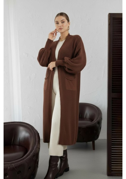 Kadın Kahverengi Balon Kol Uzun Triko Hırka - Kahverengi