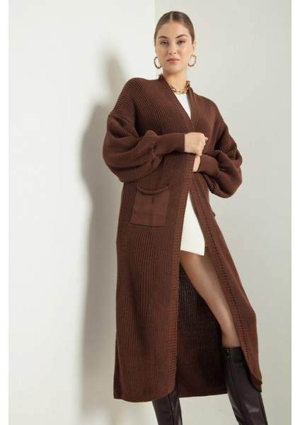 Kadın Kahverengi Balon Kol Uzun Triko Hırka - Kahverengi fiyatları