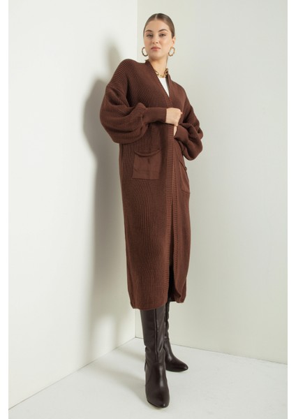 Kadın Kahverengi Balon Kol Uzun Triko Hırka - Kahverengi modelleri