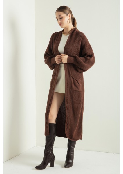 Kadın Kahverengi Balon Kol Uzun Triko Hırka - Kahverengi fırsatları