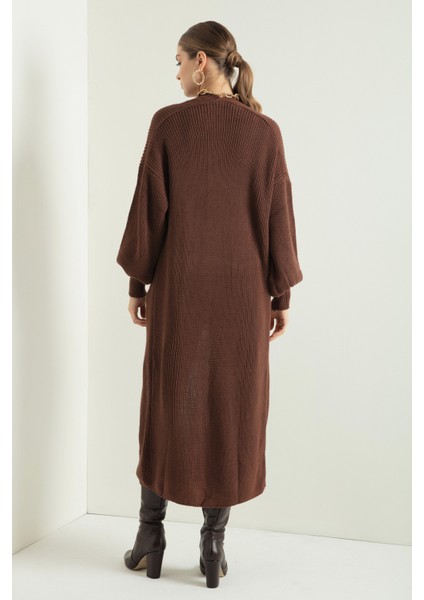 Kadın Kahverengi Balon Kol Uzun Triko Hırka - Kahverengi