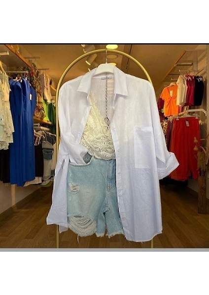 Cotas Kadın Oversize Beyaz Keten Gömlek Yeni Sezon Yazlık Gömlek