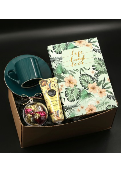 Renkli Yaprak Tasarımlı Defter, Petrol Yeşili Fincan ve Çikolata Hediye Seti