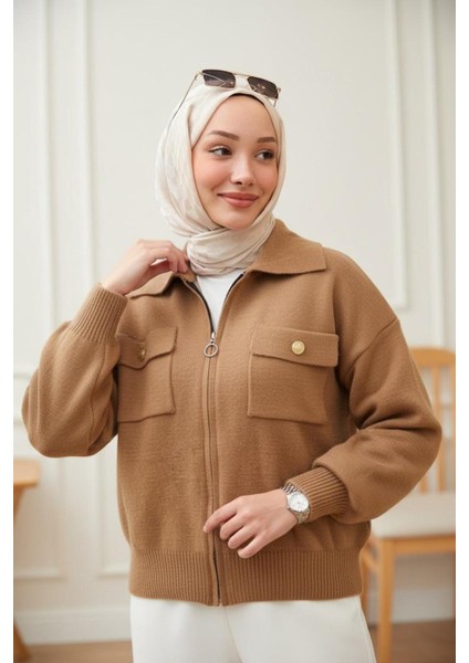 Kadın Vizon Fermuarlı Triko Ceket – Cepli, Altın Düğme Detaylı, Rahat Kalıp fiyatları