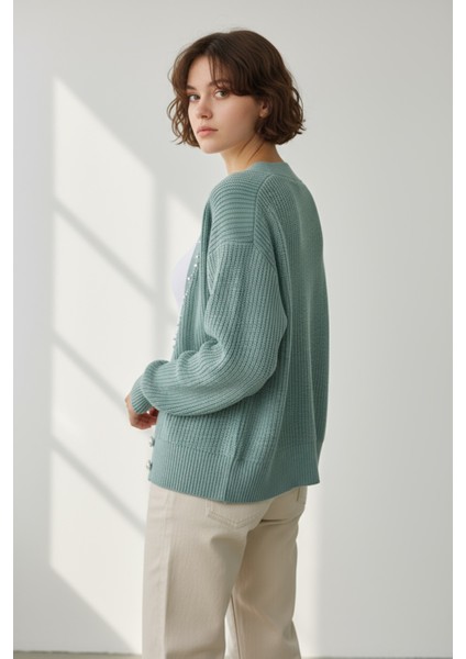 Modern Tarz Çift Sıra Düğme Detaylı Taş Süslemeli V Yaka Triko Hırka - Yeşil fiyatları