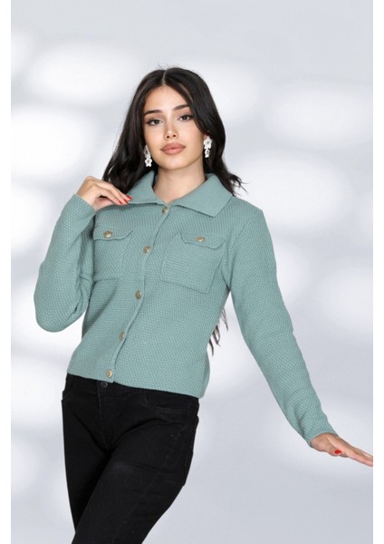 Cepli Düğmeli Örgü Detaylı Rahat ve Moderen Şık Triko Gömlek - Yeşil