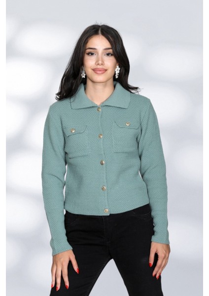 Cepli Düğmeli Örgü Detaylı Rahat ve Moderen Şık Triko Gömlek - Yeşil fiyatları