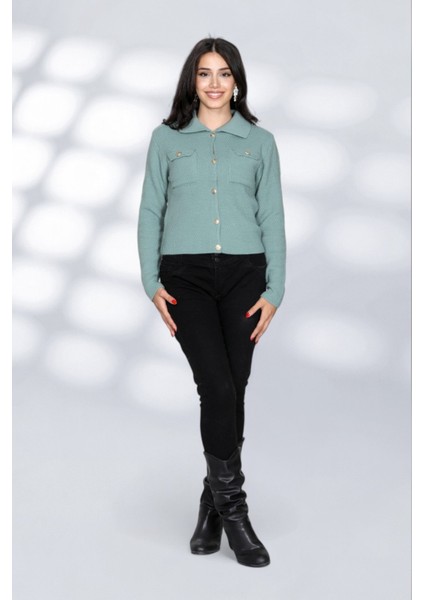 Cepli Düğmeli Örgü Detaylı Rahat ve Moderen Şık Triko Gömlek - Yeşil modelleri